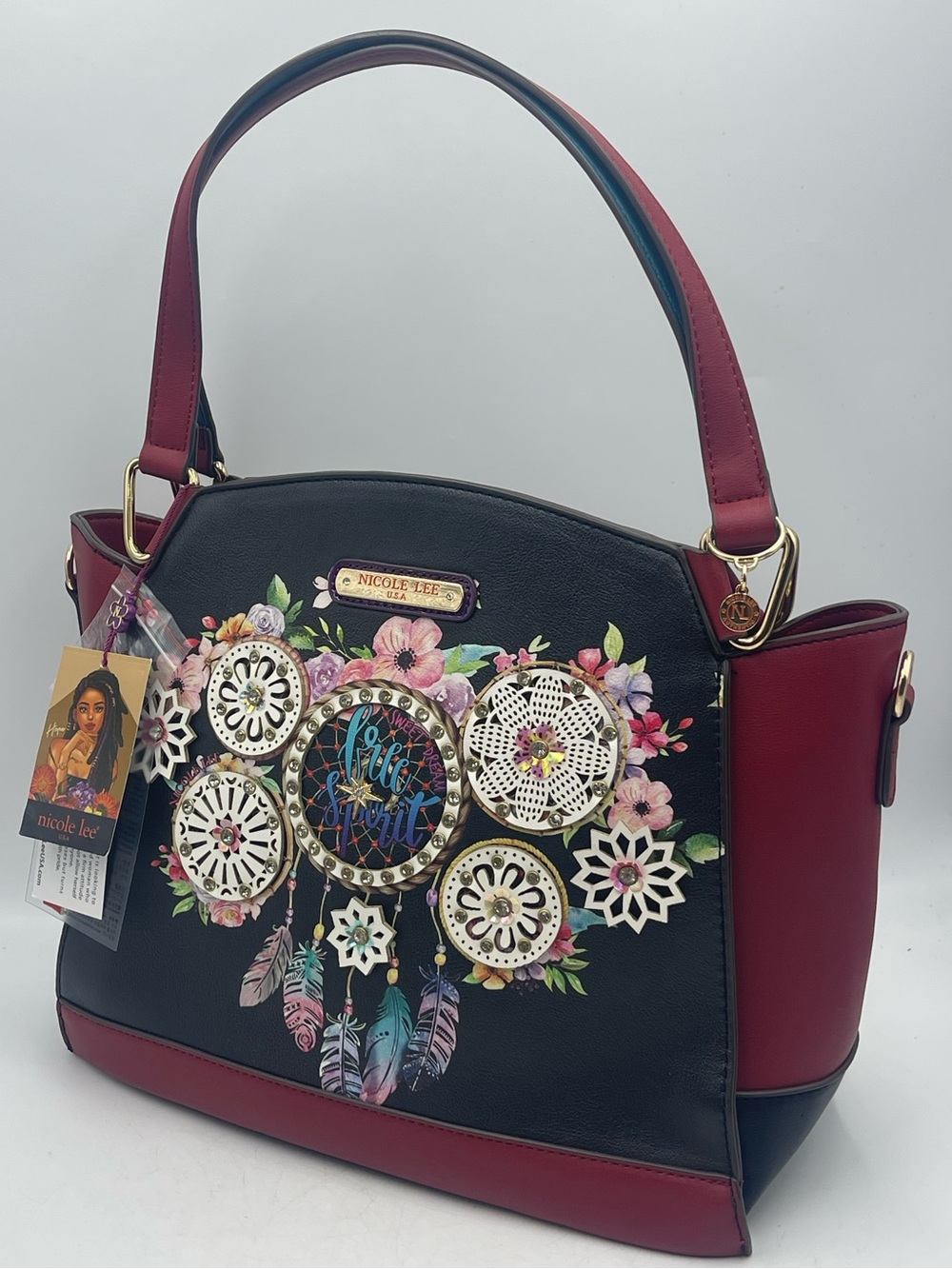 NWT Nicole Lee Free Spirit Dreamcatcher Satchel Shoulder Bag Crossbody Red Black